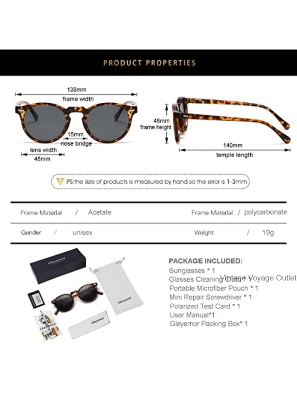 Vintage Round Sunglasses Polarized UV400 Protection Acetate Unisex
